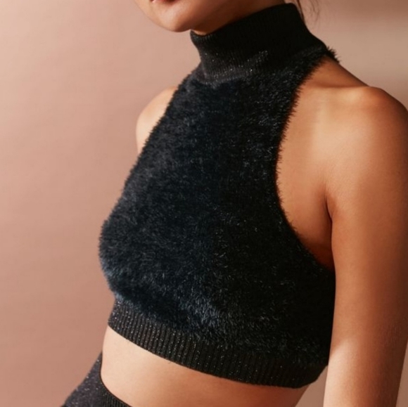 Urban Outfitters Fuzzy Crop Top & Matching Mini Skirt Womens Medium Black - Picture 2 of 9